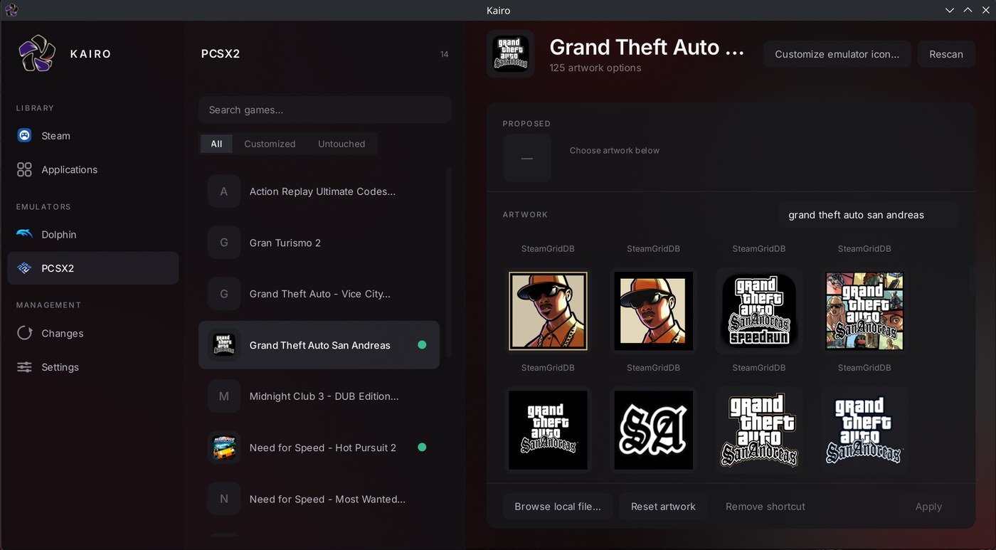 Kairo showing a PCSX2 emulator library of 14 PlayStation 2 games with Grand Theft Auto San Andreas selected and 125 artwork options listed from SteamGridDB