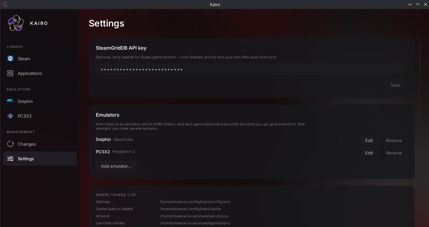 Kairo settings showing an optional SteamGridDB API key field with the key masked, configured emulators Dolphin for GameCube and PCSX2 for PlayStation 2, and a list of where settings, cache, artwork and launcher entries are stored on disk