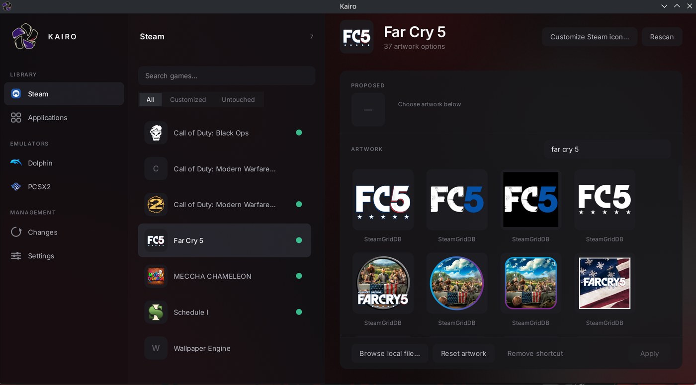 Kairo showing the Steam library with Far Cry 5 selected and a grid of SteamGridDB artwork options