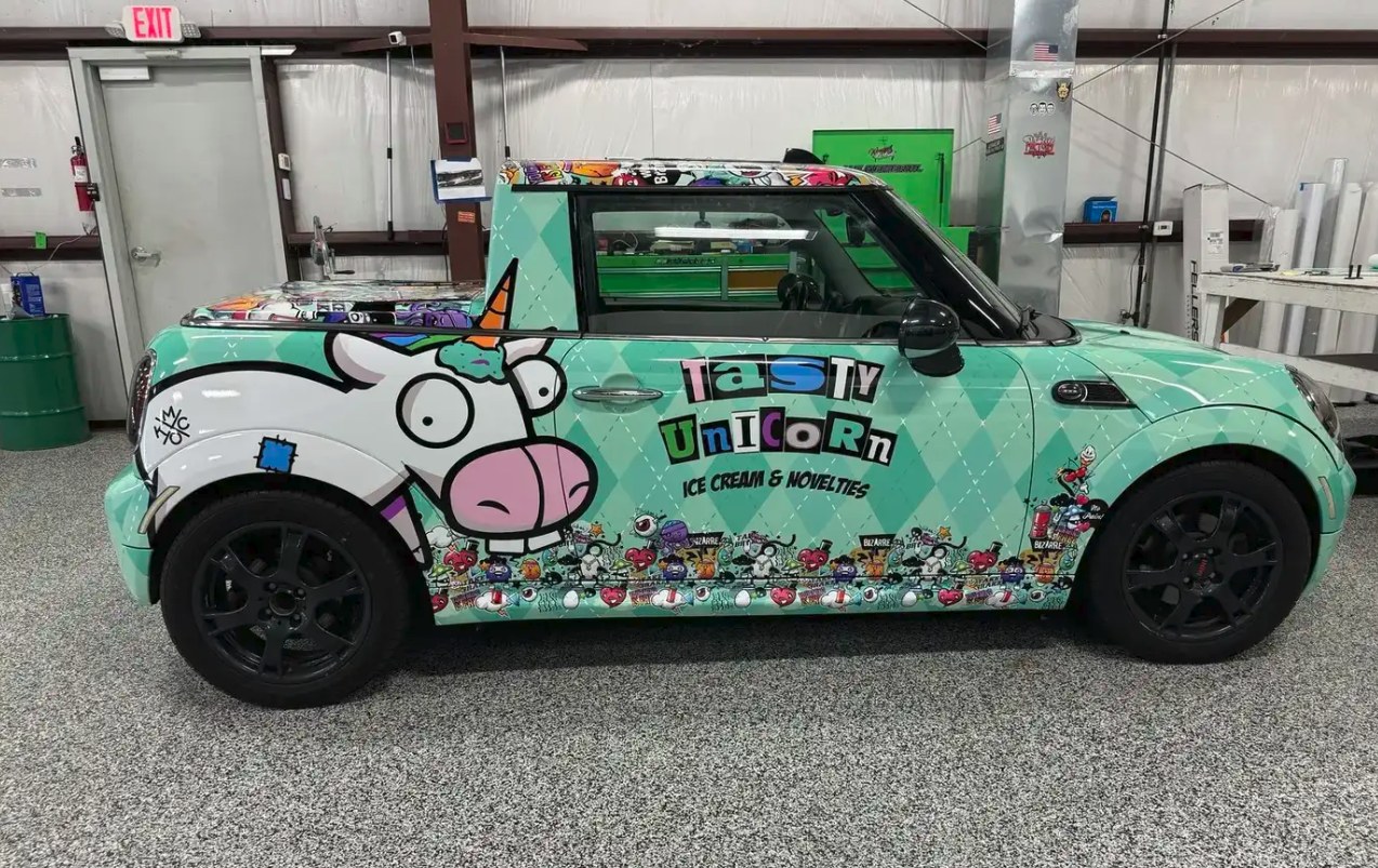 2008 Mini Cooper wrapped for Tasty Unicorn Ice Cream and Novelties, mint argyle pattern with a unicorn graphic